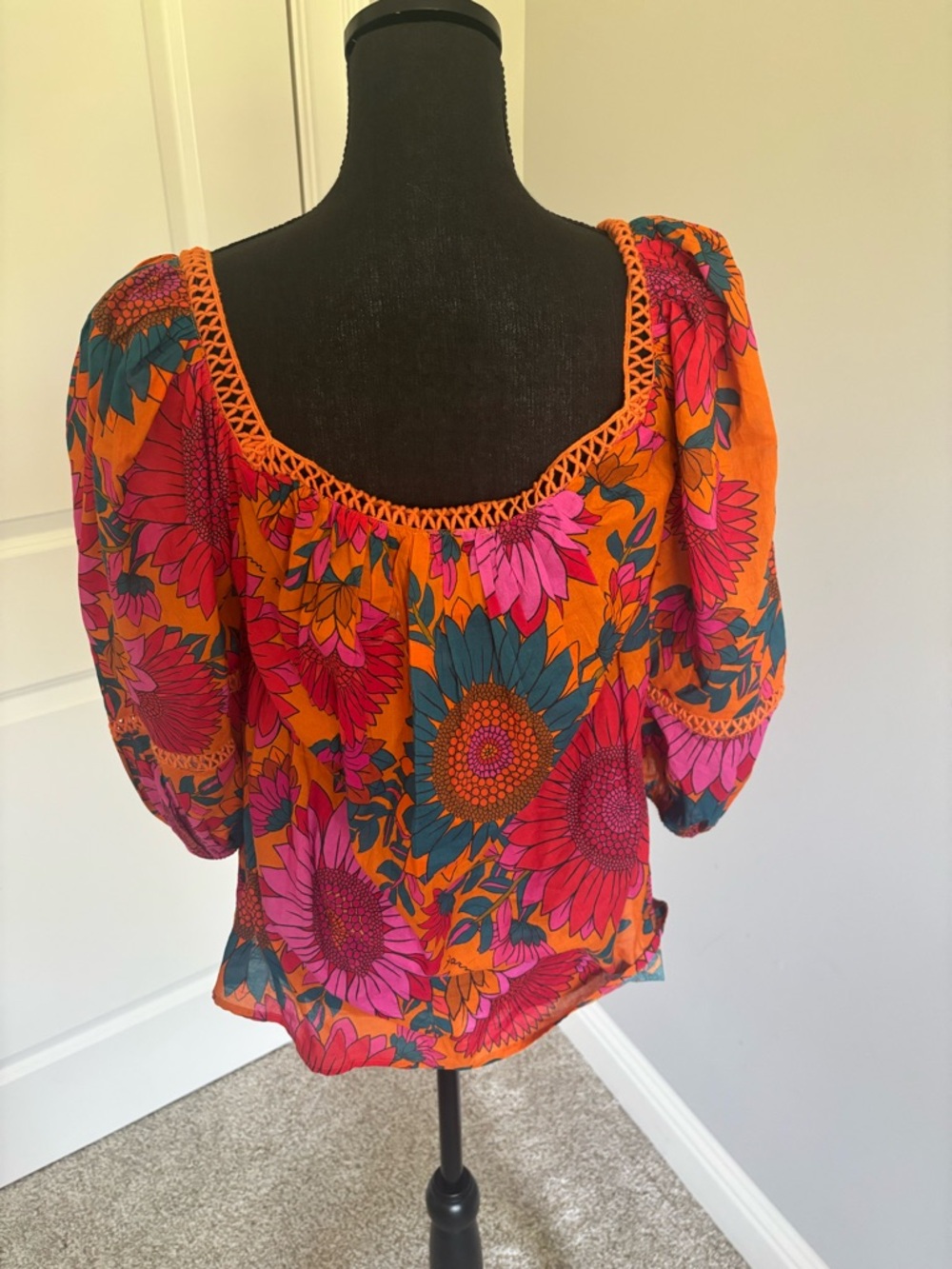 FARM rio for anthropologie Boho Floral Peasant Top - Orange Pink - Picture 2 of 4